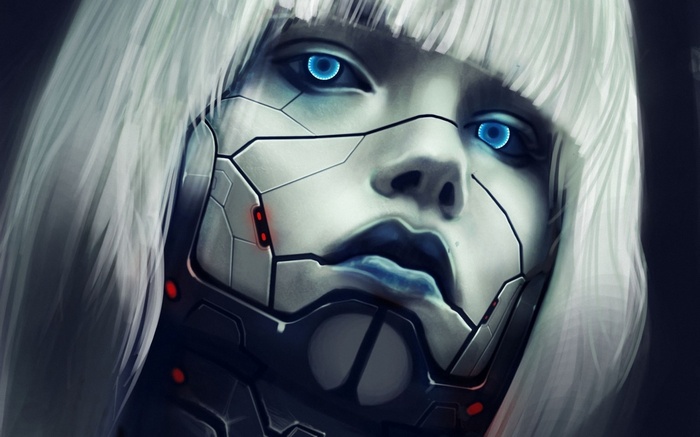 Cyberpunk robot with blue eyes and white hair
