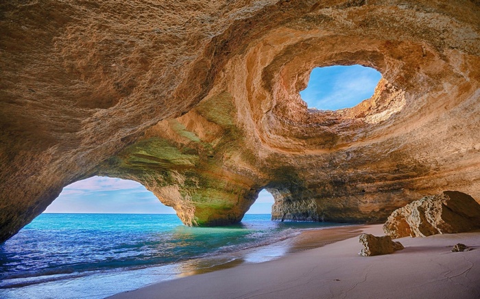sand, sea, rock, landscape, Algarve (Portugal), erosion, Portugal, water, cave, nature, beach