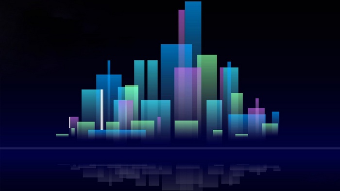Abstract cityscape with colorful buildings and reflection