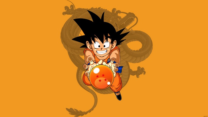 Kid Goku holding a Dragon Ball with Shenron behind him
