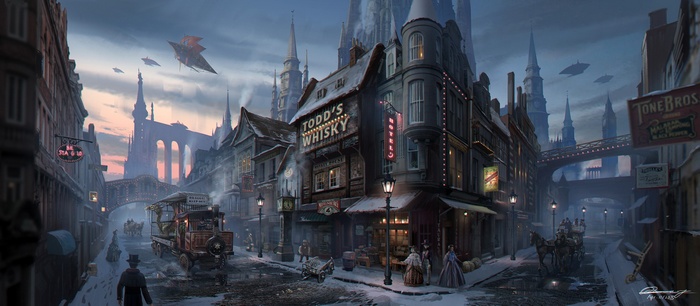 Steampunk city street with Todd's Whisky and flying machines