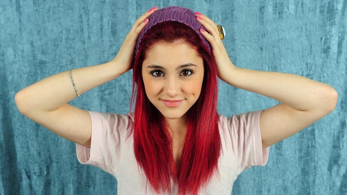 Ariana Grande wearing a purple knit hat