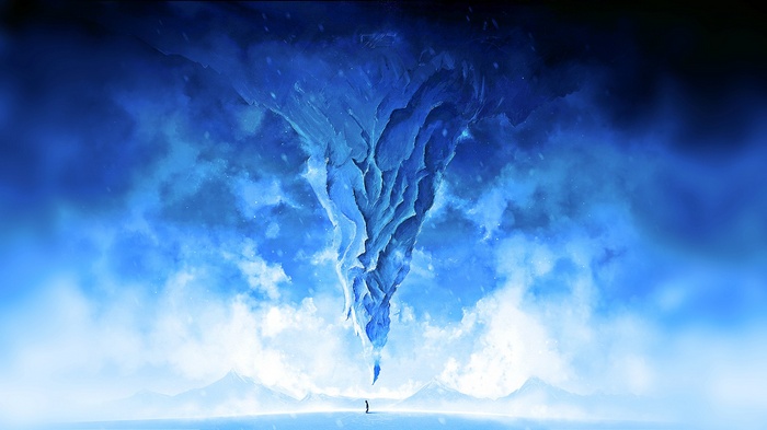 A person stands before a massive ice formation in a snowy landscape