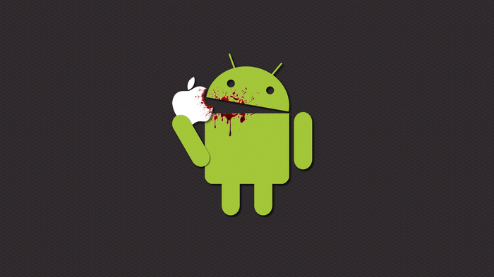 Android robot eating a bloody Apple logo
