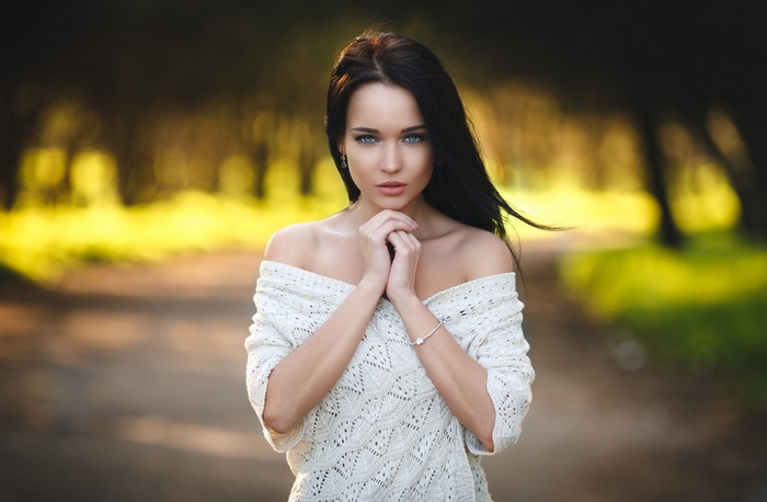 portrait, model, Denis Petrov, women outdoors, photography, women, bare shoulders, blue eyes, white clothing, depth of field, brunette, looking at viewer, Angelina Petrova