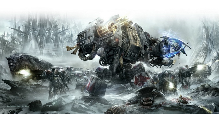 Warhammer 40,000 Space Wolves Dreadnought and Marines in battle