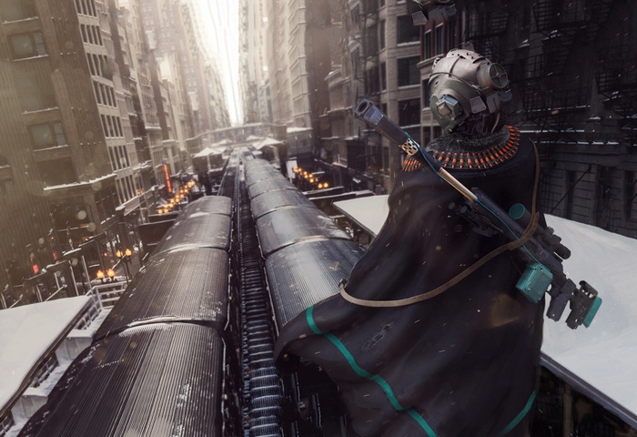 Futuristic soldier with rifle overlooking train station