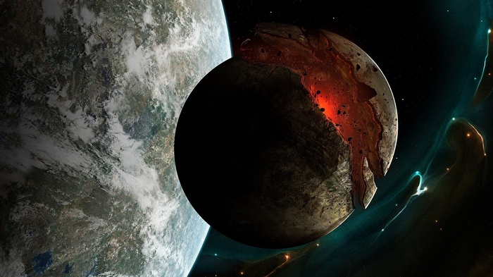 Planet being destroyed in space with stars