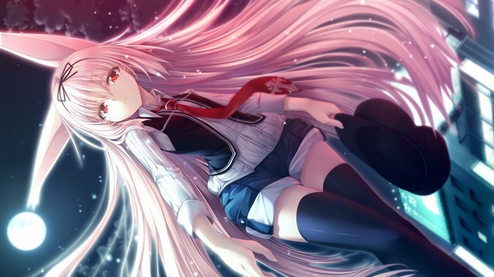 Anime girl with long pink hair and red eyes