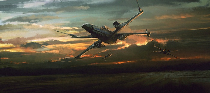 Star Wars X-wings flying at sunset