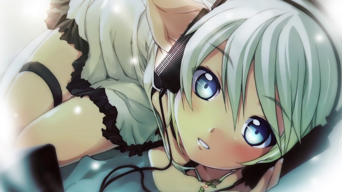 Anime girl with white hair and blue eyes wearing headphones