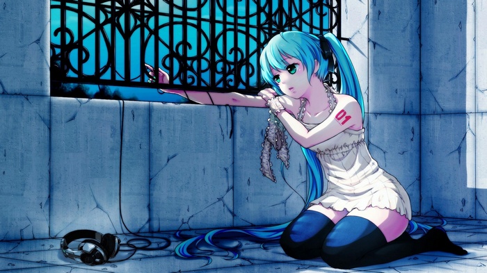 Hatsune Miku kneeling by a barred window