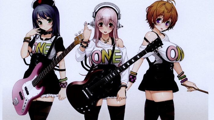 Super Sonico and friends with guitars