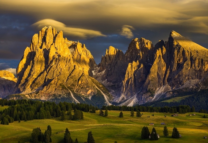green, clouds, Alps, nature, mountains, Dolomites (mountains), summer, sunlight, cabin, cliff, forest, Italy, Tyrol, landscape