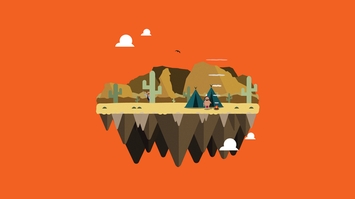 Floating island with cowboys and Native Americans in desert