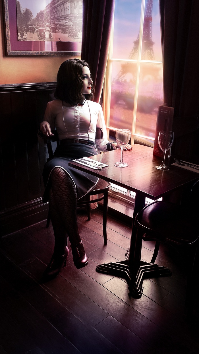 Elizabeth from BioShock Infinite: Burial at Sea at a cafe
