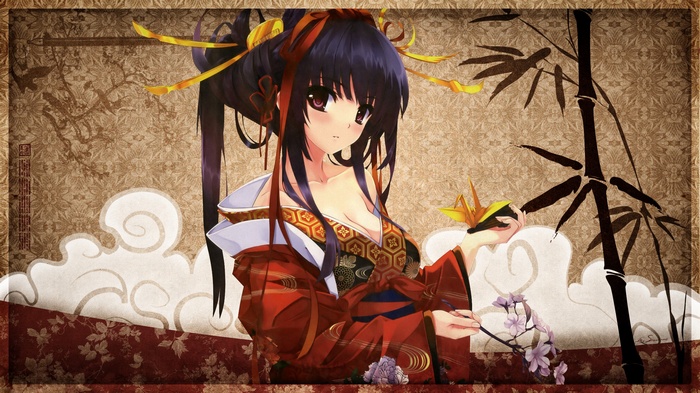 Anime girl in a red kimono holding a paper crane