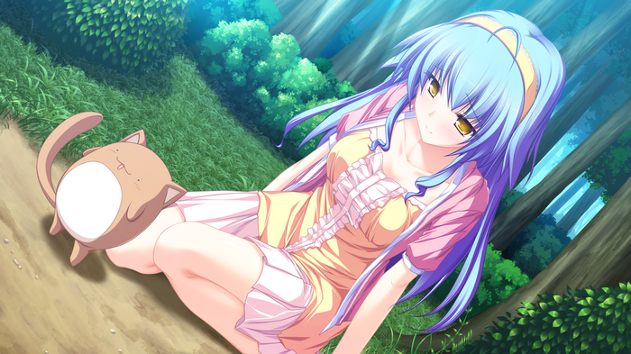 Anime girl with blue hair and cat plushie in forest