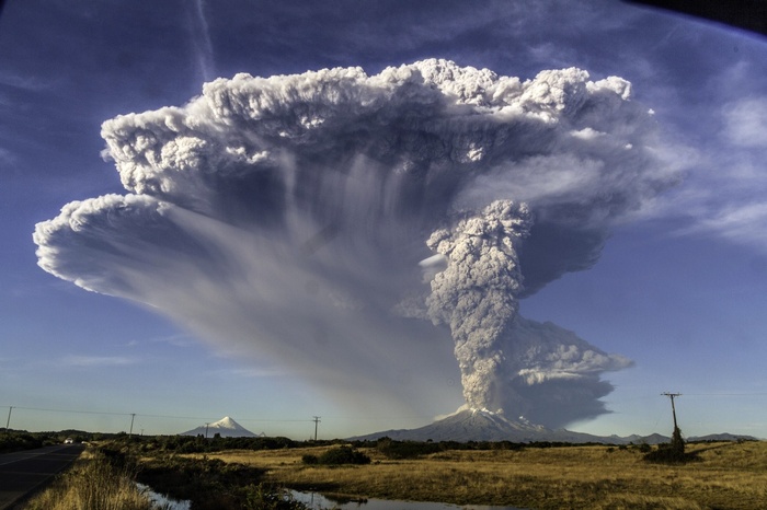 road, field, eruptions, UFOs, nature, smoke, Chile, Calbuco Volcano, mountains, volcano, lava, snowy peak, Puerto Montt, landscape