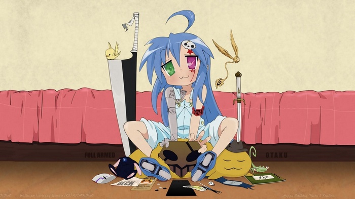 Konata Izumi with swords and anime merchandise
