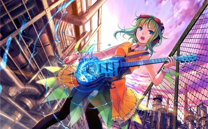Megpoid Gumi playing a guitar with blue flames