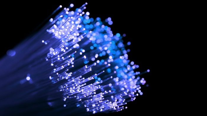 Close-up of glowing blue optic fibers on black background
