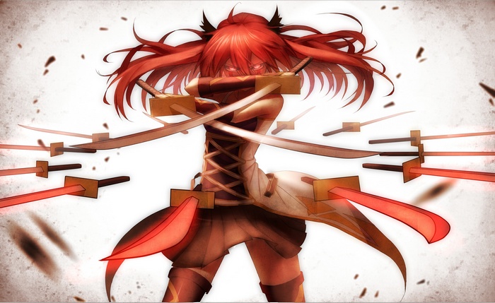 Redhead warrior with multiple swords