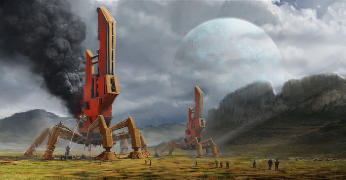 Giant spider-like machines on a fiery alien planet