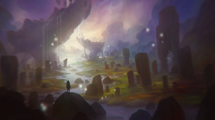 Fantasy valley with standing stones and a lone figure