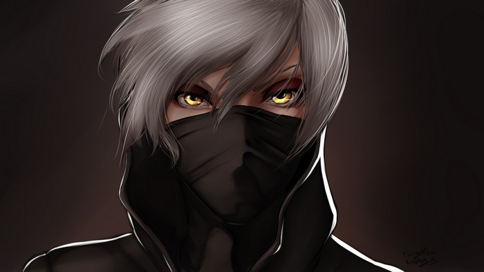 Anime character with silver hair and yellow eyes wearing a mask