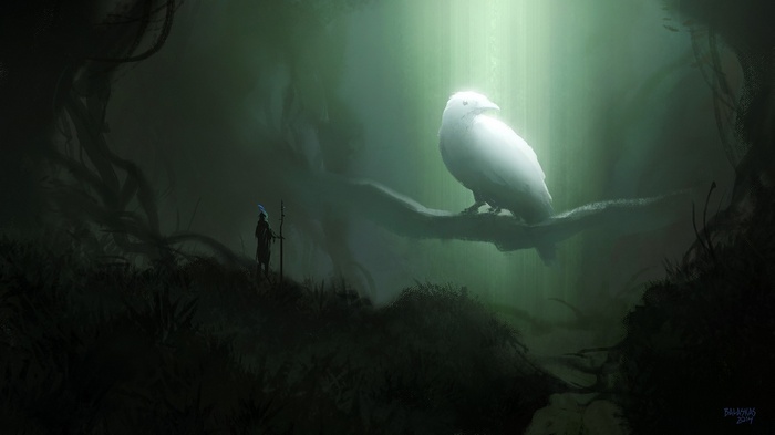 Fantasy art of a white owl and a wizard