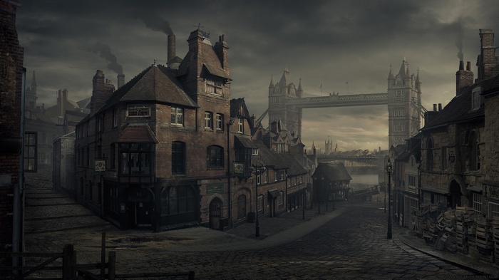 Victorian London street with Tower Bridge