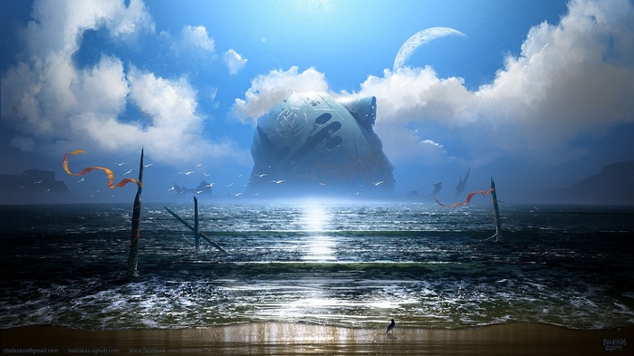 Giant wreck in the sea with a moon in the sky