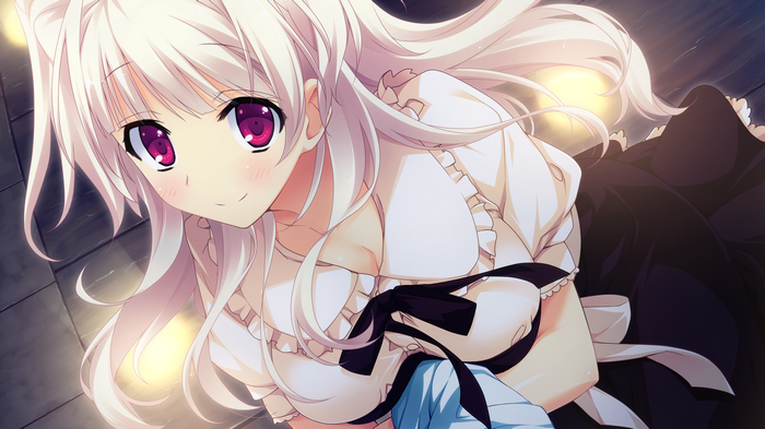 Anime girl with long white hair and purple eyes
