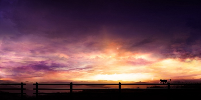 A cat walks on a fence during a purple and orange sunset.