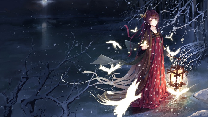 Anime girl with long hair in snow with birds