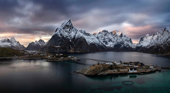 Snowy mountains and village in Lofoten, Norway