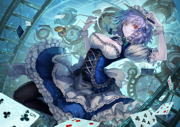 Izayoi Sakuya from Touhou with clocks and cards