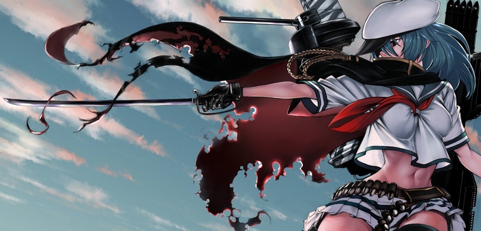 Anime girl with blue hair and sword