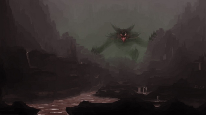 Giant creature in a misty, rocky landscape with lava