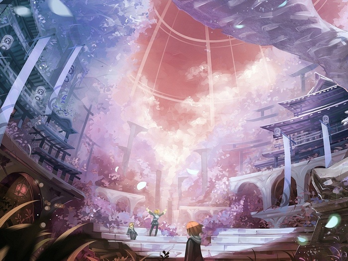 Fantasy Asian architecture with people