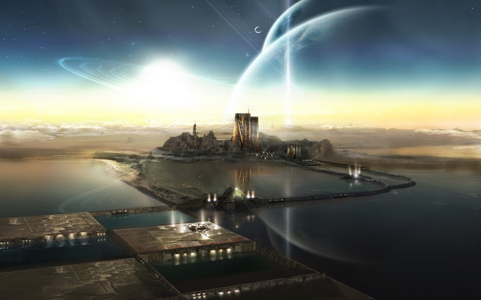 Futuristic city on an island with planets in the sky