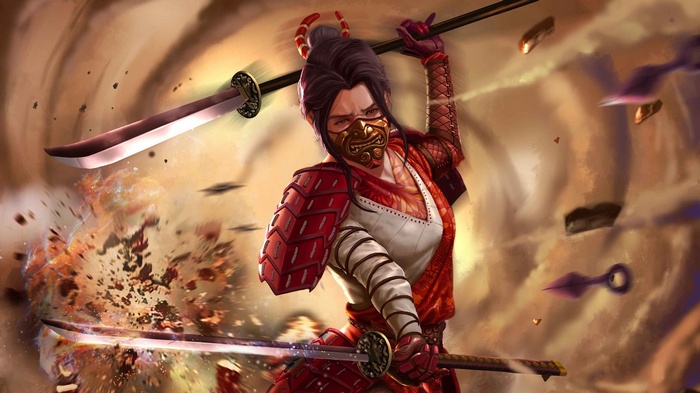 Samurai warrior in red armor with two swords