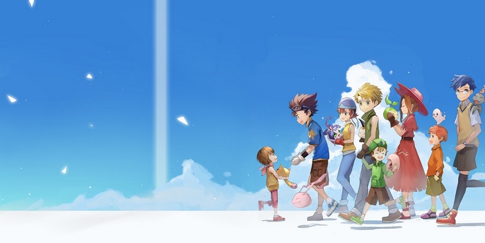 Digimon Adventure characters walking under a blue sky
