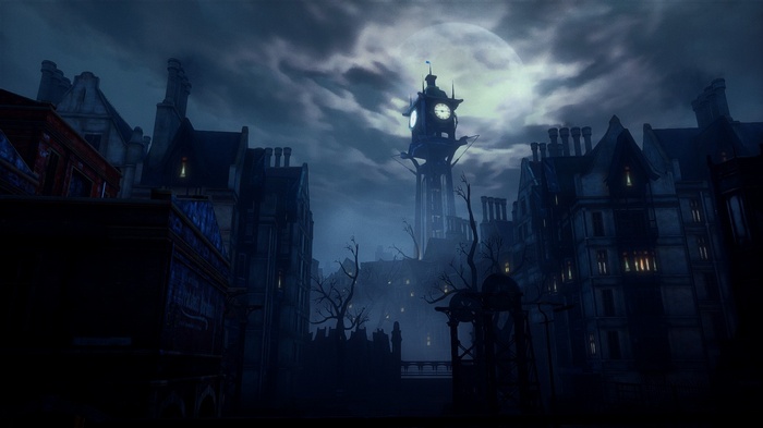 Dishonored cityscape at night with a large moon