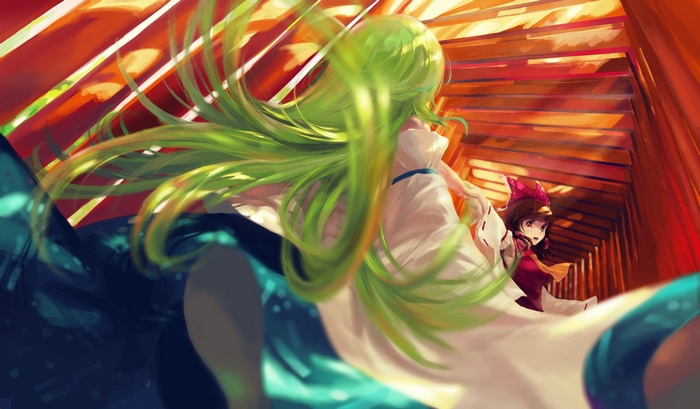 Touhou characters in a red tunnel