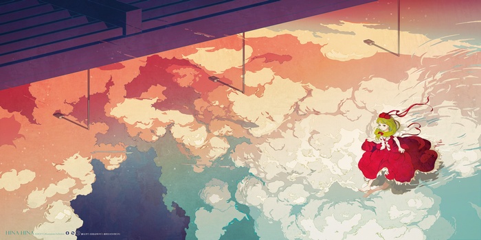 Kagiyama Hina in a Red Dress Floating Among Clouds
