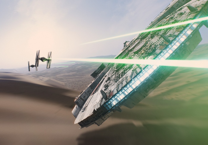 Millennium Falcon and TIE Fighter in Star Wars: The Force Awakens