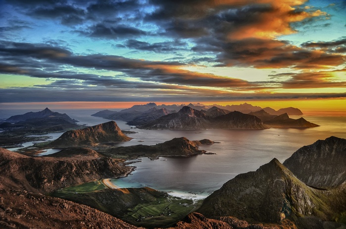 landscape, Norway, nature, sea, mountains, summer, sunset, beach, Lofoten, clouds, island