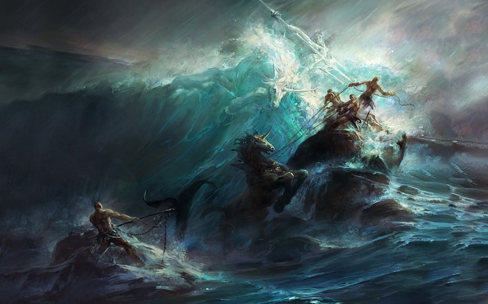 Poseidon and his chariot battling a giant wave